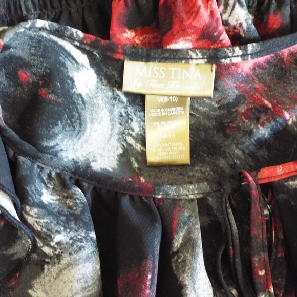 MISS TINA BLACK AND RED FLORAL RUFFLE FRONT LONG SLEEVE BLOUSE - SZ 8/10 - Picture 6 of 6